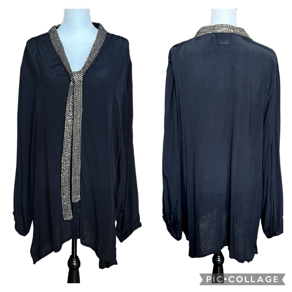 Ulla Popken Blouse Size 20/22 Black Rhinestone NWT Tie Relaxed Fit Button Up